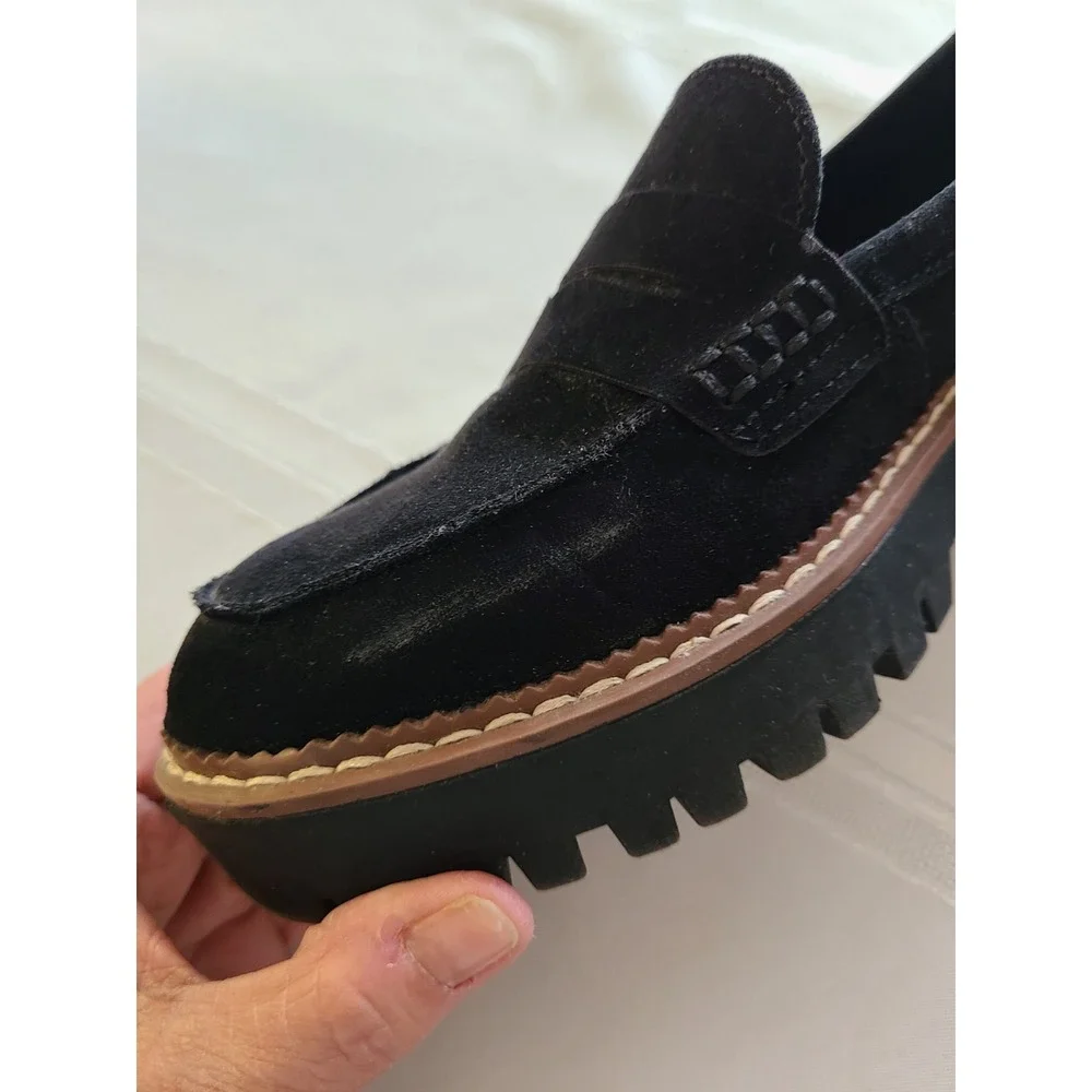 Women's Jellypop Paris chunky platform loafers in black faux suede. Size 10M